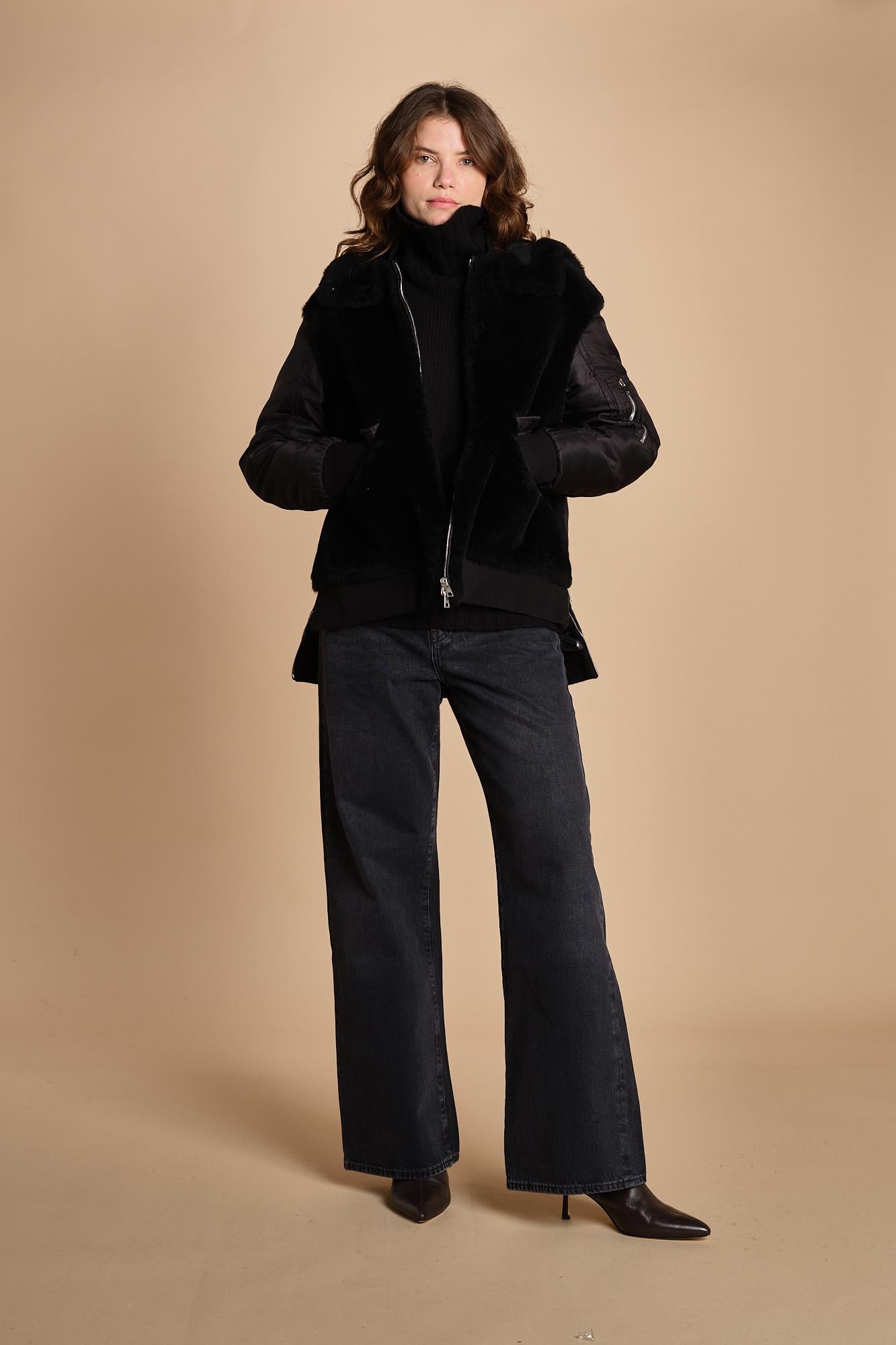 24065 giubbotto in nylon e pelliccia 24065350 NERO milaura 