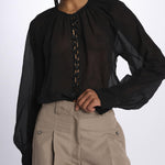 Camicia manica sbuffo ricamo cetrale BE24544 BLACK milaura 