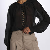 Camicia manica sbuffo ricamo cetrale BE24544 BLACK milaura 