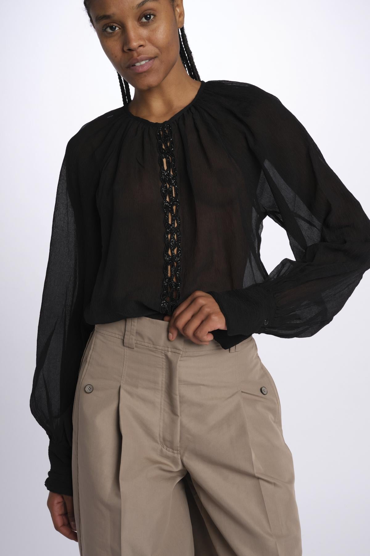 Camicia manica sbuffo ricamo cetrale BE24544 BLACK milaura 