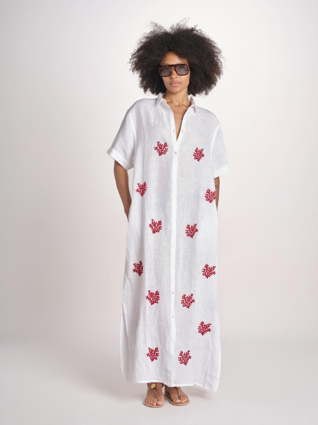 abito lungo con ricami coralli BE25254 WHITE RED benaras soleil 