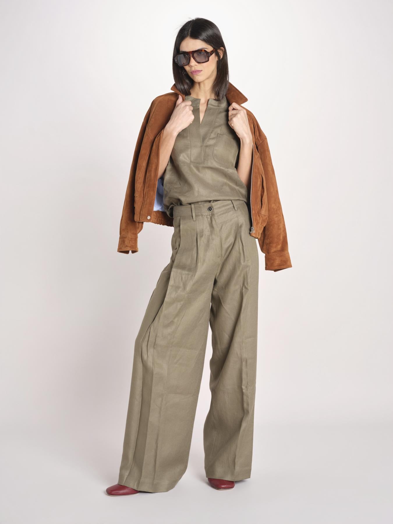 pantalone in lino con pinces PETRA PE98 OLIVA nine in the morning 