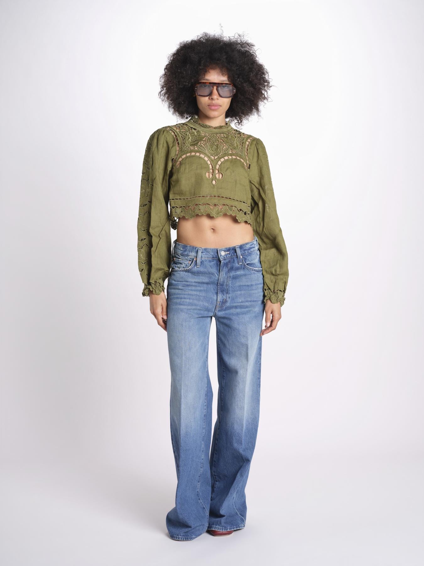 camicia cropped con intarsi fiori 344608 GREEN L0013 farm rio 