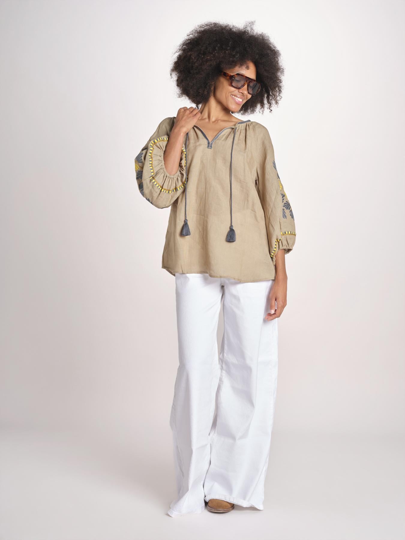 tunica ricamo fiorni BE25308 SAGE GREEN YELLO benaras soleil 