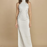 abito lungo collo alto con ricamo fiori. RVBR-1198 IVORY rebecca vallance 