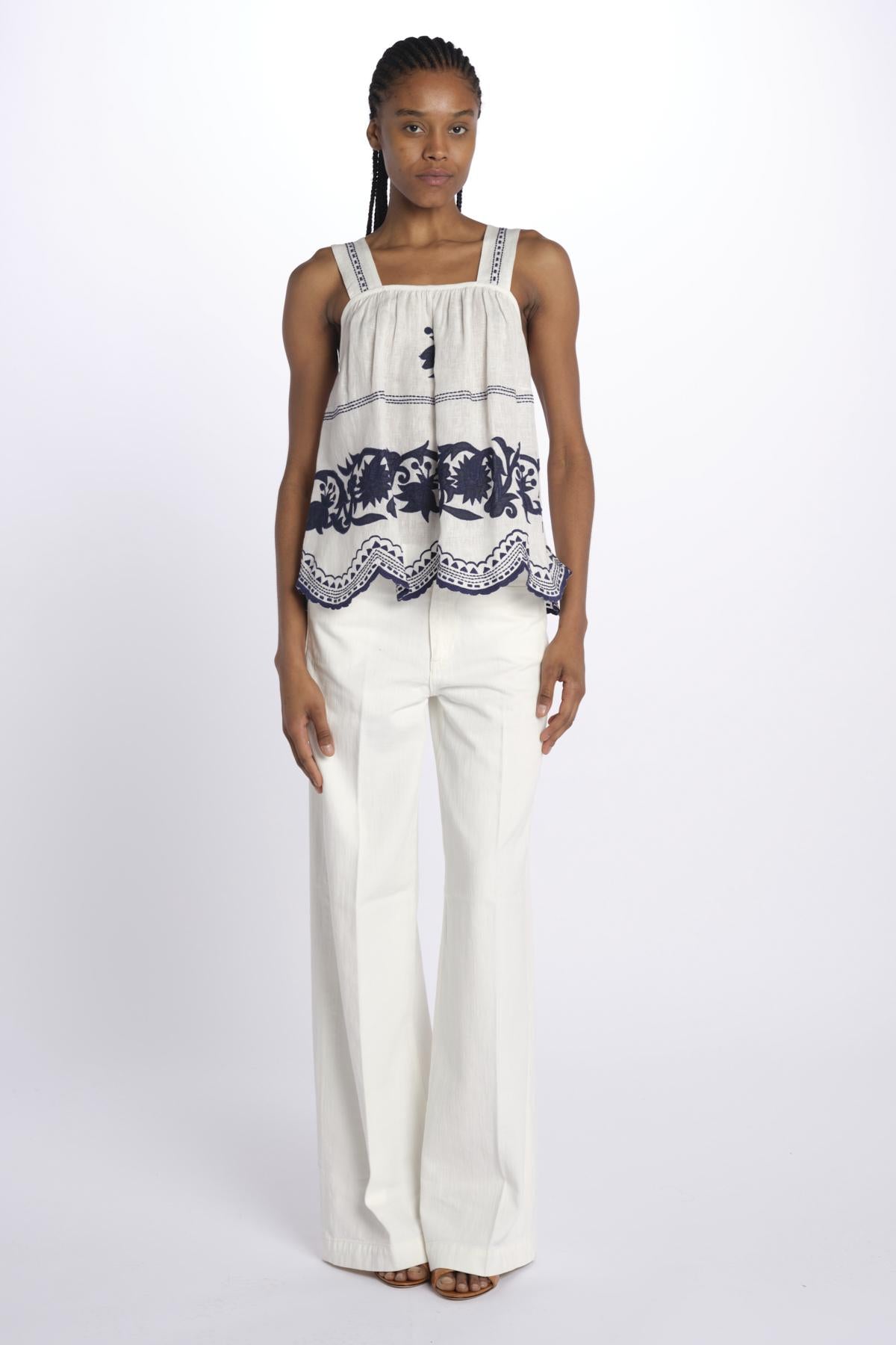 APPLIQUE PAISLEY top spalline larghe con fiori ricamati  by milaura. BE24931 WHITE + NAVY benaras soleil 