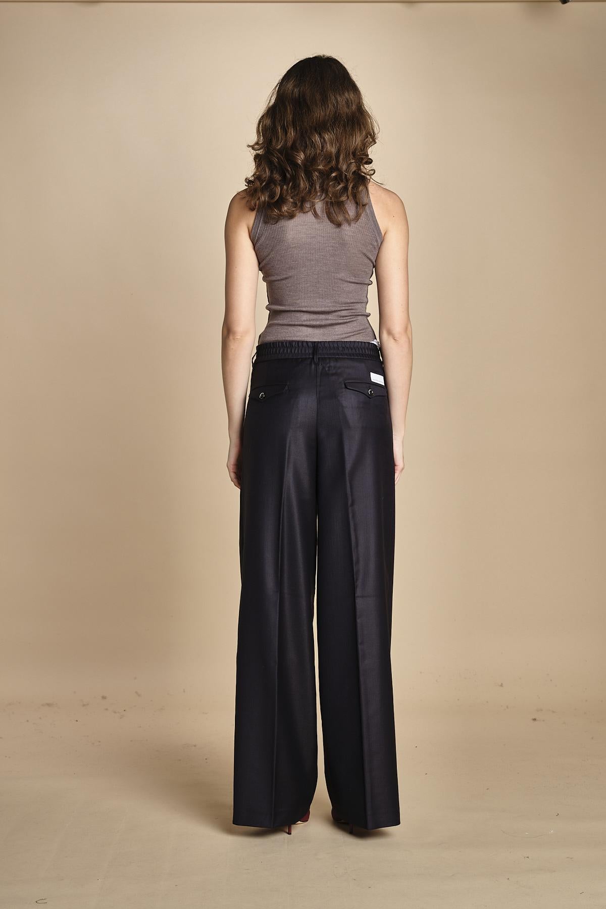 pantalone a vita bassa con elastico in lana e seta. ASTRID STR02 NAVY nine in the morning 
