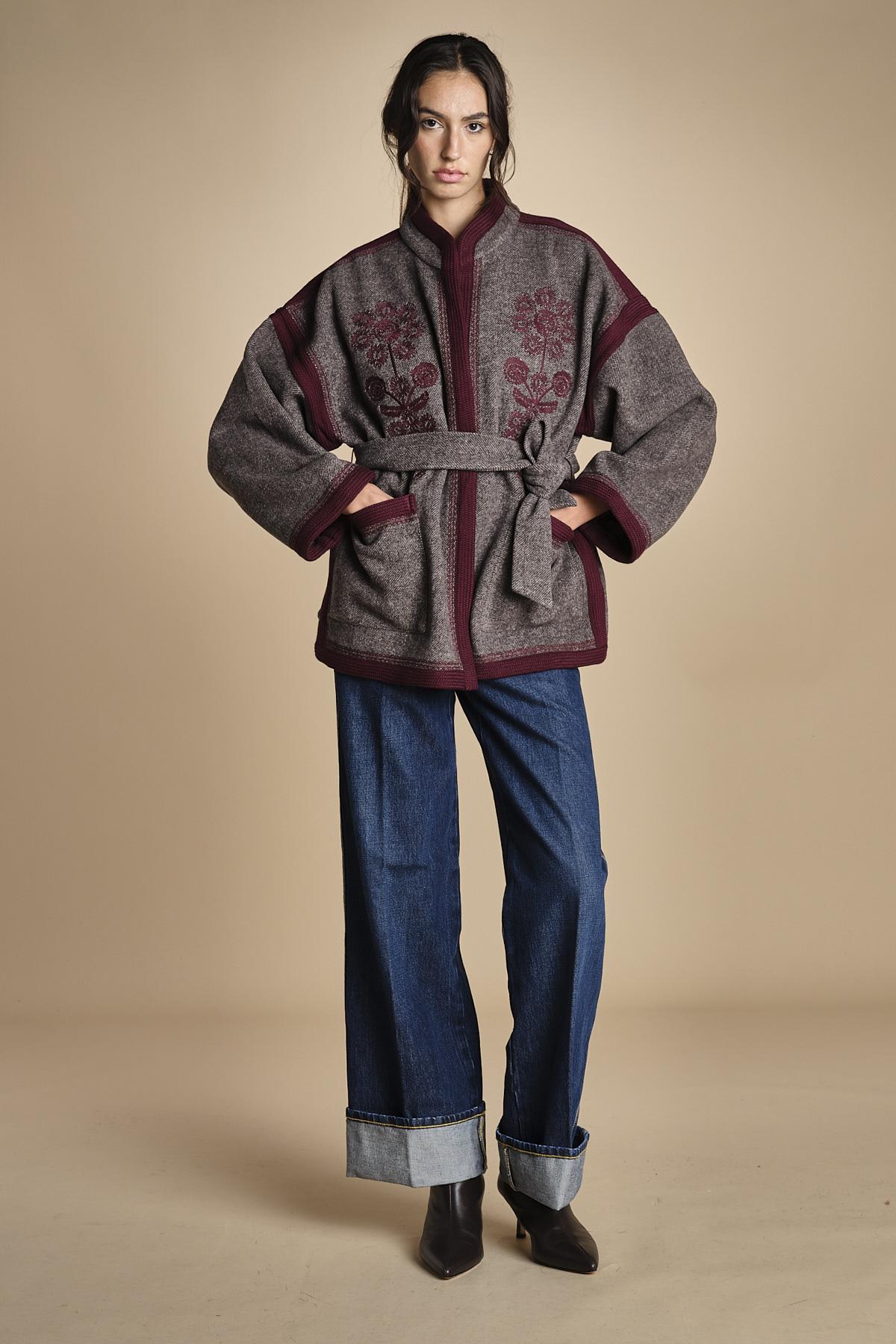 WILL KIMONO giacca in tessuto diagonale ricamato WILL KIMONO GREY antik batik 