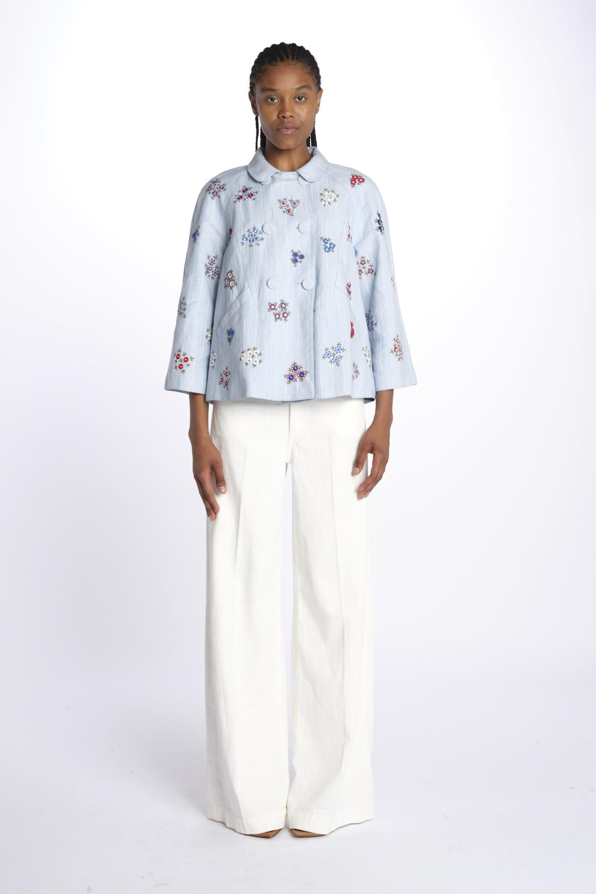 Giacca doppio petto fiori ricamati a mano 7FW 43 BY HAND LIGHT BLUE STRIPE payal pratap 