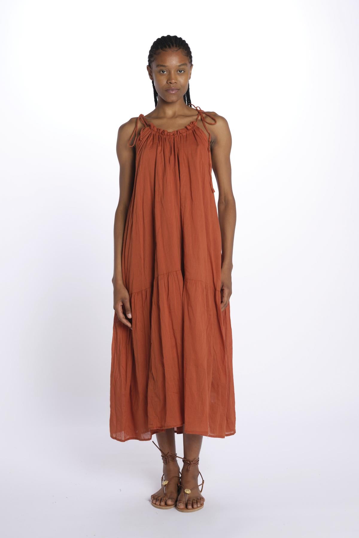 PALOMA abito lungo con balze e spalline sottili PALOM RUST laraethnics 