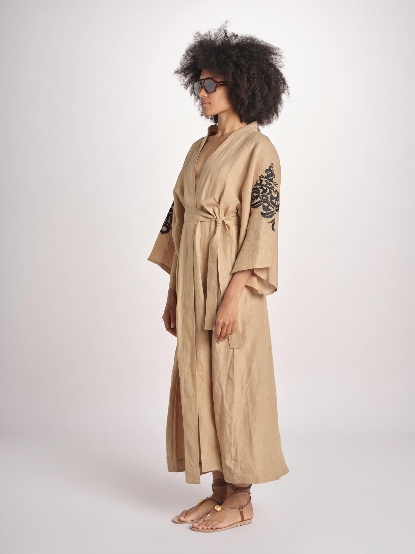 caftano lungo con ricami BE 25244 BEIGE BLACK benaras soleil 