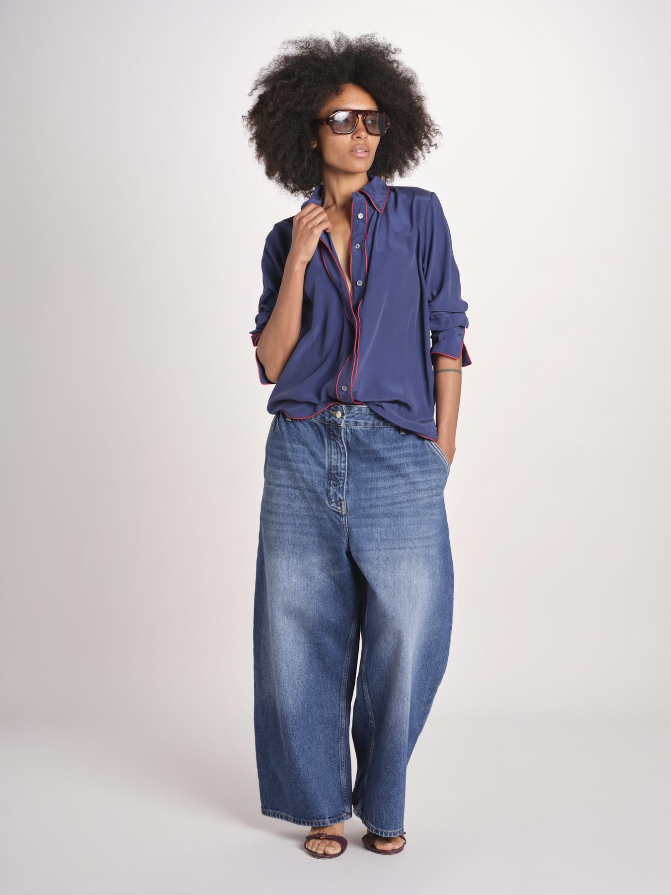 camicia in seta con bordino rosso ANTHEA BLU milaura 