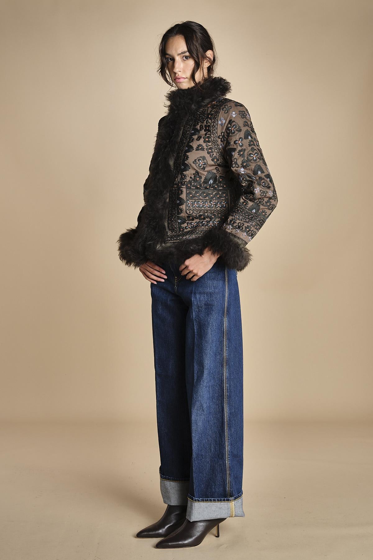 giacca ricamata con montone SANDORA JACKET KAKI antik batik 