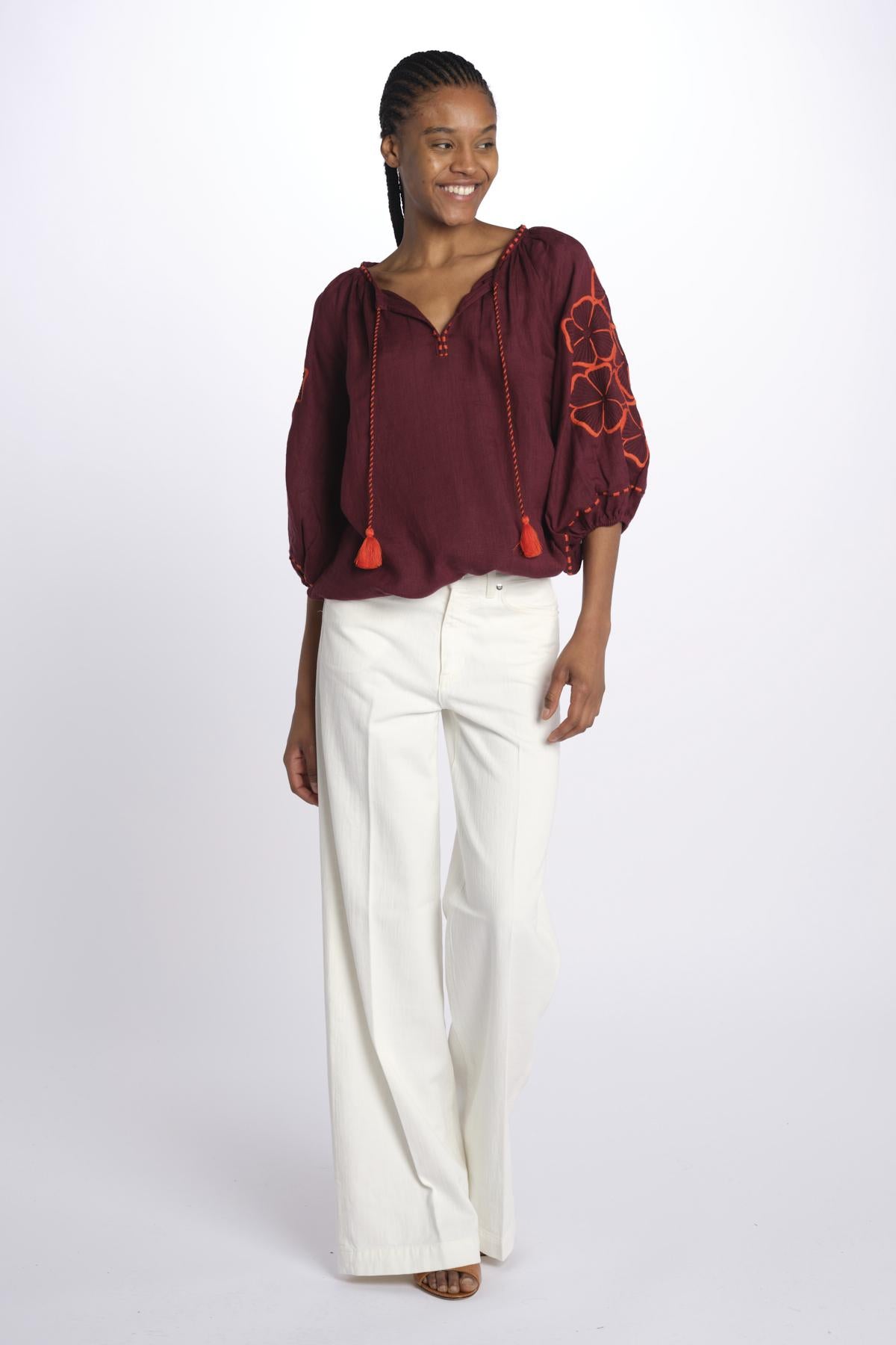 STRIPE FLOWER camicia con fiori ricamati sulla manica by milaura. BE24912 BURGUNDY ORANGE benaras soleil 