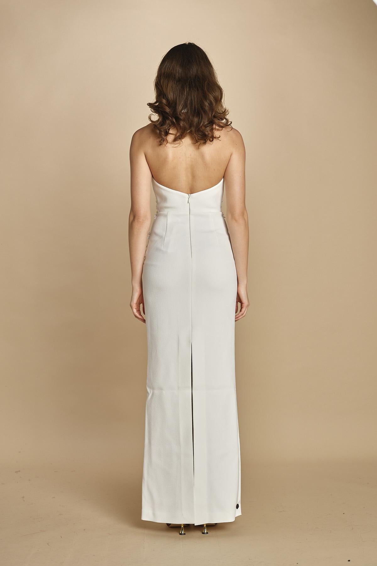 abito lungo collo alto con ricamo fiori. RVBR-1198 IVORY rebecca vallance 