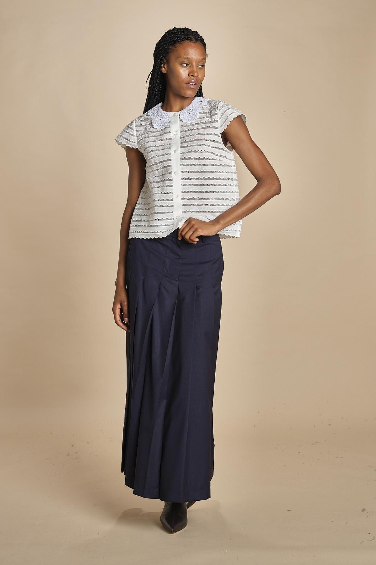 camicia a maniche corte con rouches e smerli G04152011102 BIANCO n21 