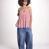 ttop a quadretti con fiorellini ricamati 1WS-58E RED payal pratap 