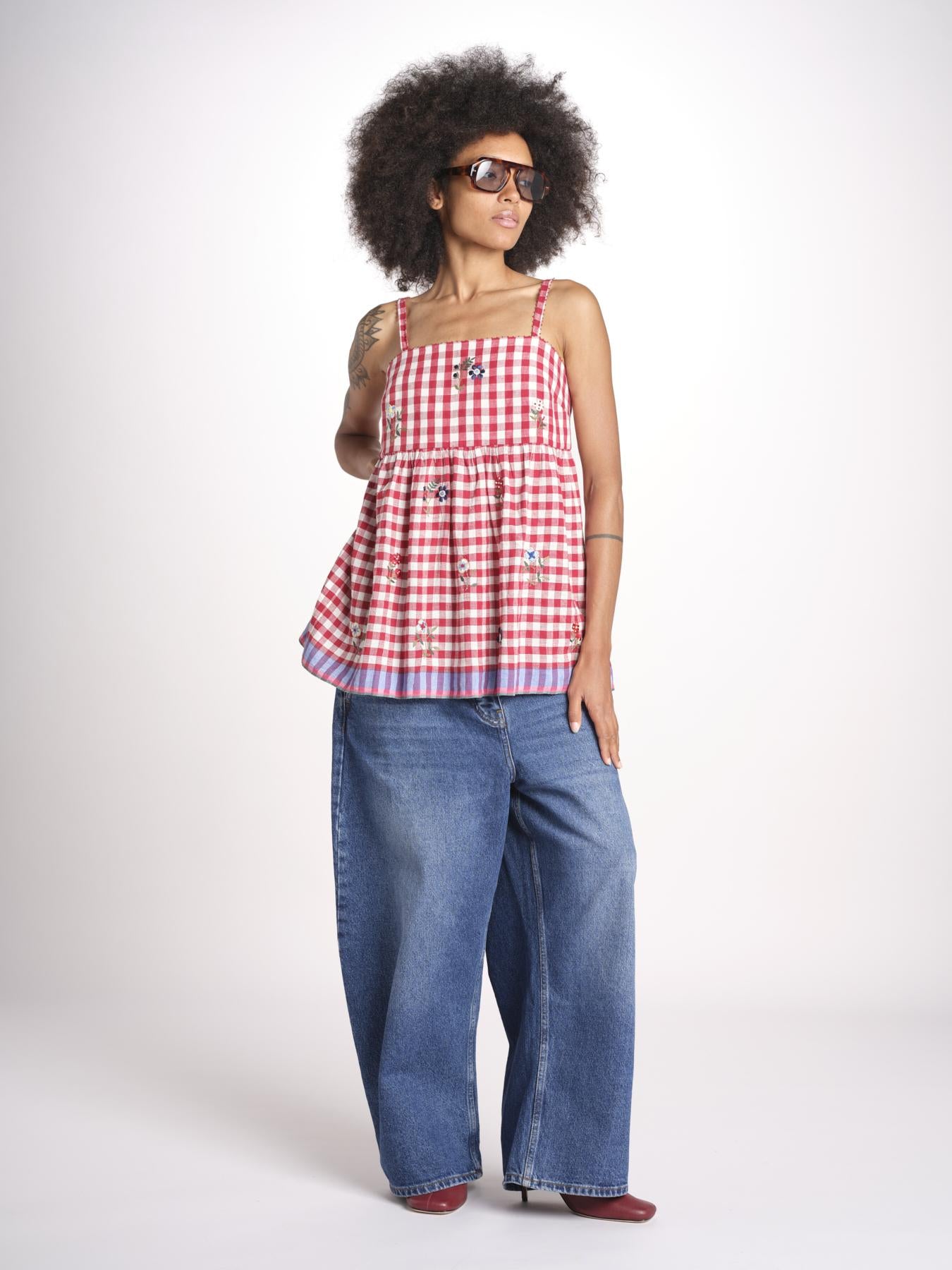 ttop a quadretti con fiorellini ricamati 1WS-58E RED payal pratap 