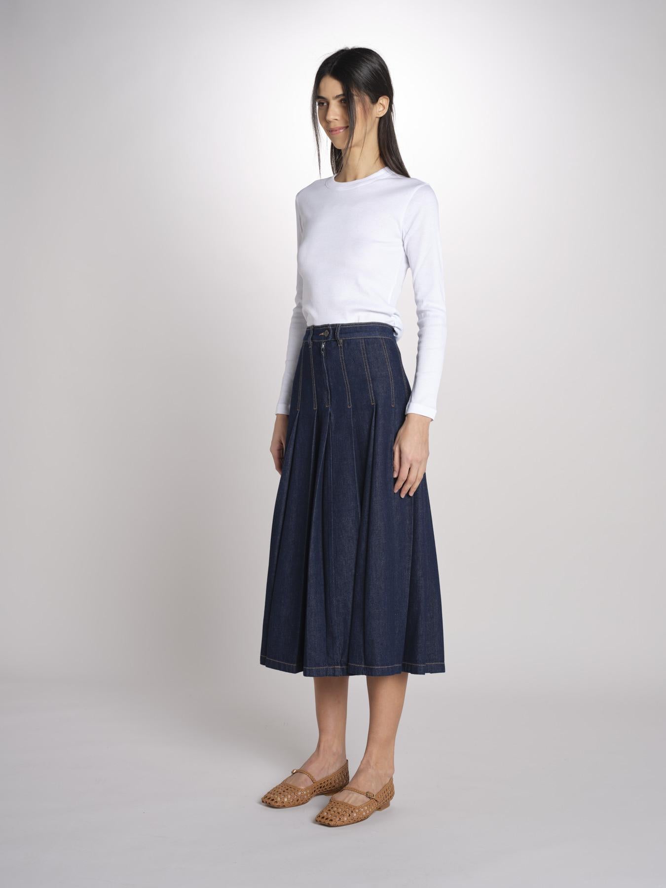 Gonna midi con pieghe semicucite in denim OVALE 2615101071600 001 BLU weekend maxmara 