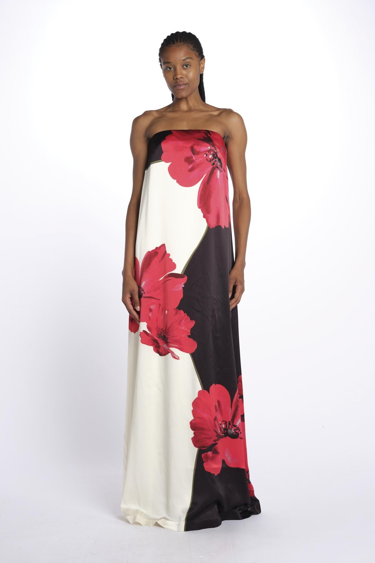Abito AMAPOLA  lungo stampa fiore 1035 POPPY BLACK CREAM rebecca vallance 