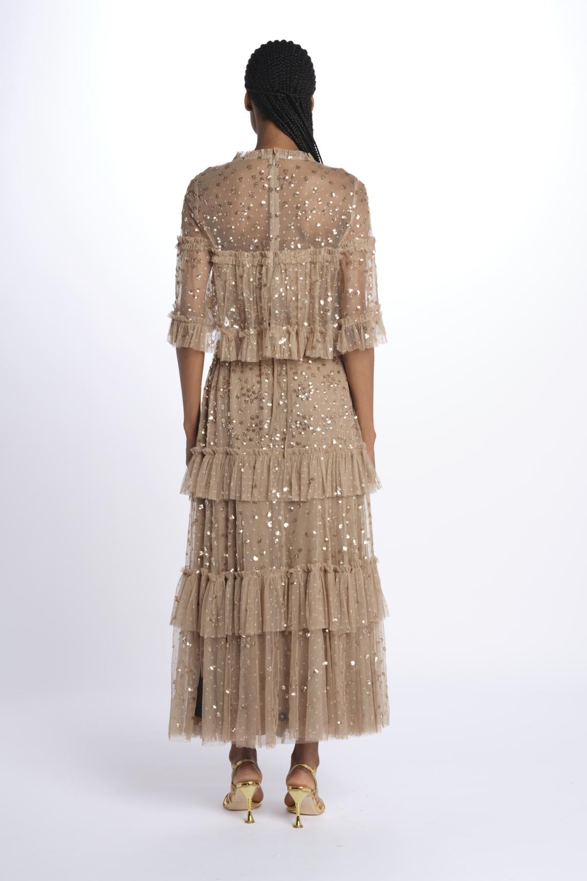 LEILA DOT TIERED LEILA DOT TIERED CAPE ANKLE GOWN FAWN needle & tread 