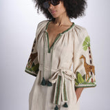 caftano lungo con giraffe ricamate BE24868 BEIGE MULTI benaras soleil 