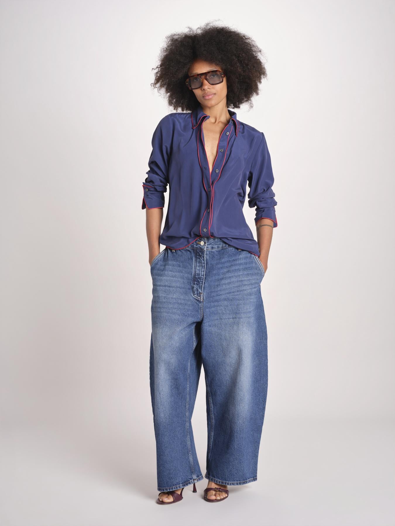 camicia in seta con bordino rosso ANTHEA BLU milaura 