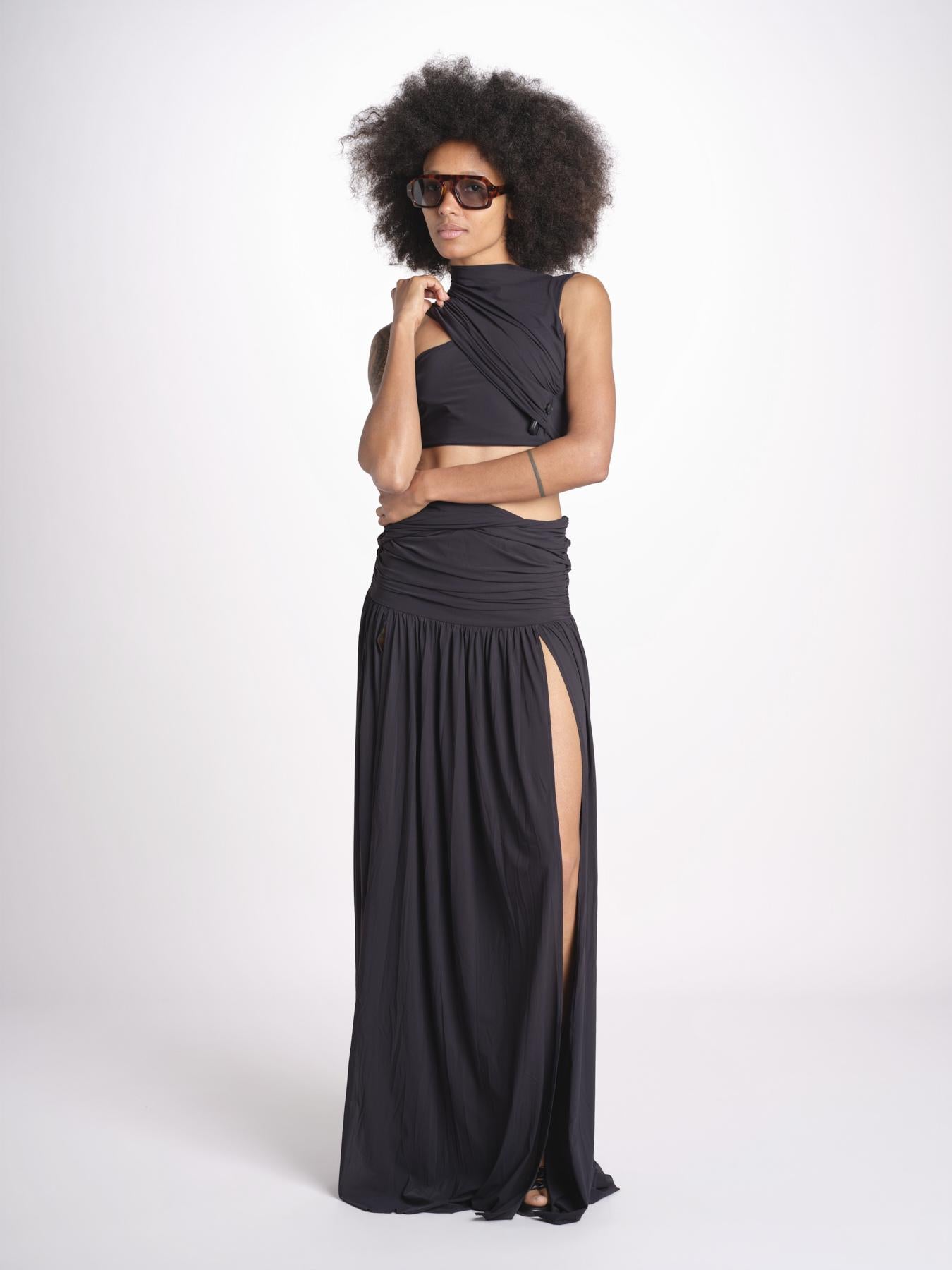 cropped top in jersey con drappeggio asimmetrico ALIN DEEP BLACK amazuìn 