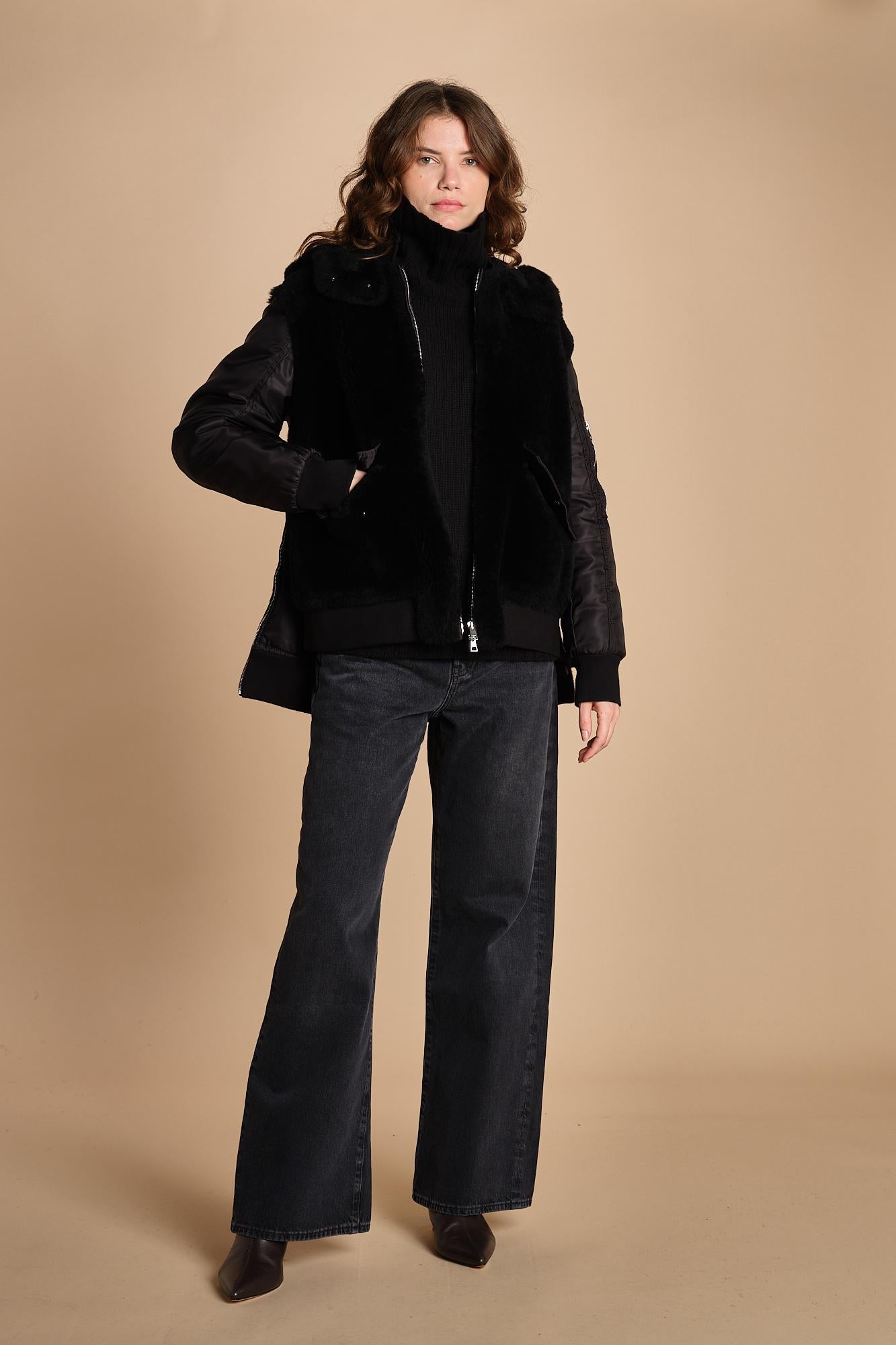 24065 giubbotto in nylon e pelliccia 24065350 NERO milaura 