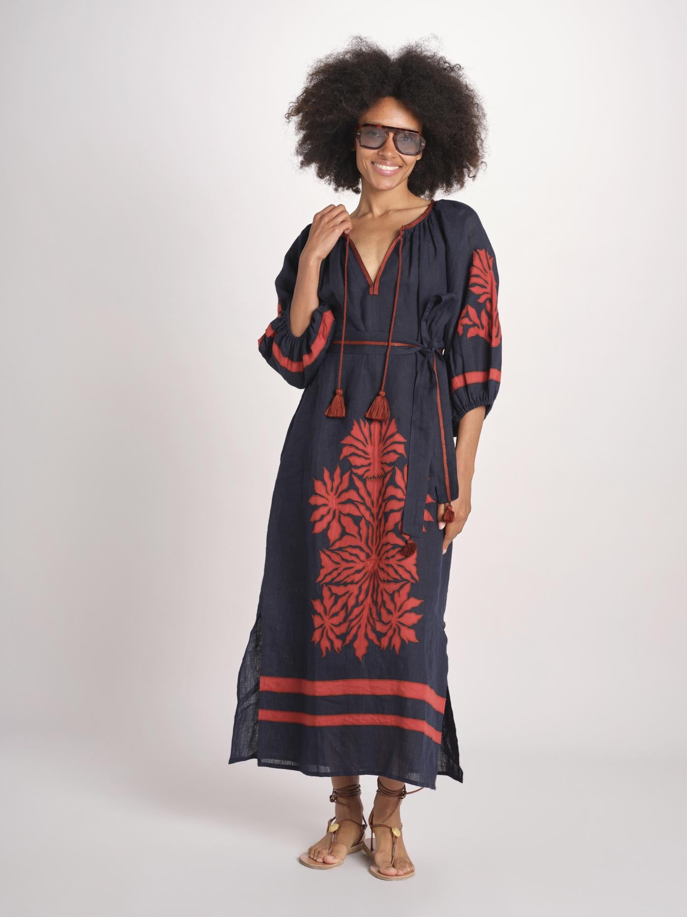 abito con ricamo BE25215 NAVY RUST benaras soleil 