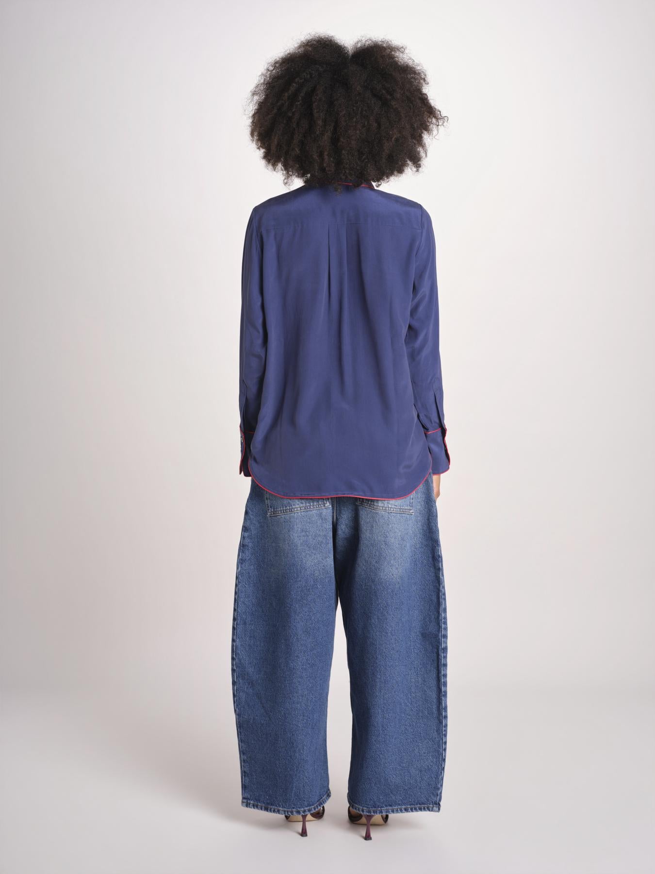 camicia in seta con bordino rosso ANTHEA BLU milaura 
