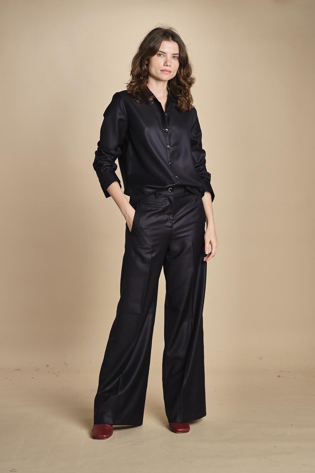 pantalone a vita bassa con elastico in lana e seta. ASTRID STR02 NAVY nine in the morning 