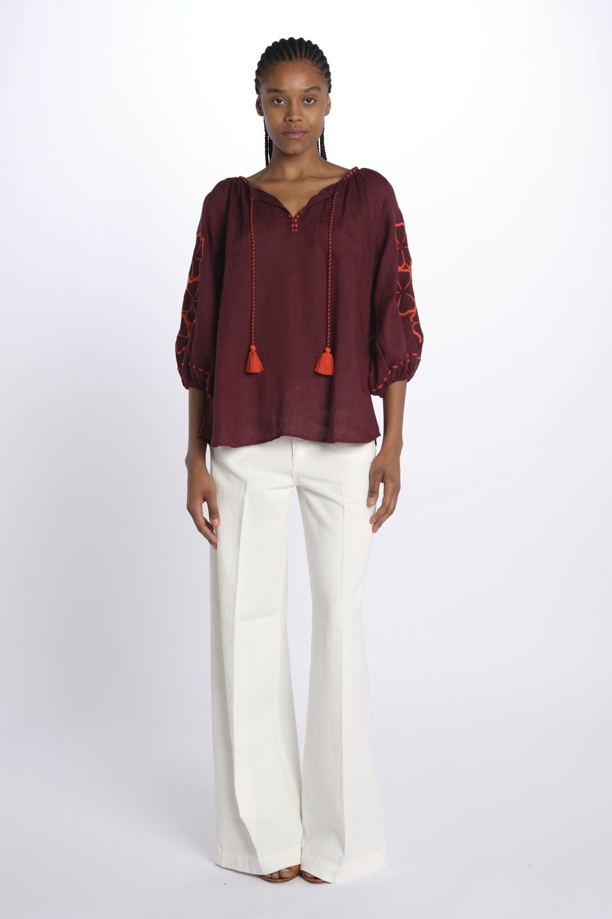 STRIPE FLOWER camicia con fiori ricamati sulla manica by milaura. BE24912 BURGUNDY ORANGE benaras soleil 