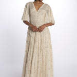 LEILA DOT VNECK abito m/c con paillettes LEILA DOT V-NECK CAPE ANKLE GOWN PARCHMENT needle & tread 