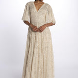 LEILA DOT VNECK abito m/c con paillettes LEILA DOT V-NECK CAPE ANKLE GOWN PARCHMENT needle & tread 