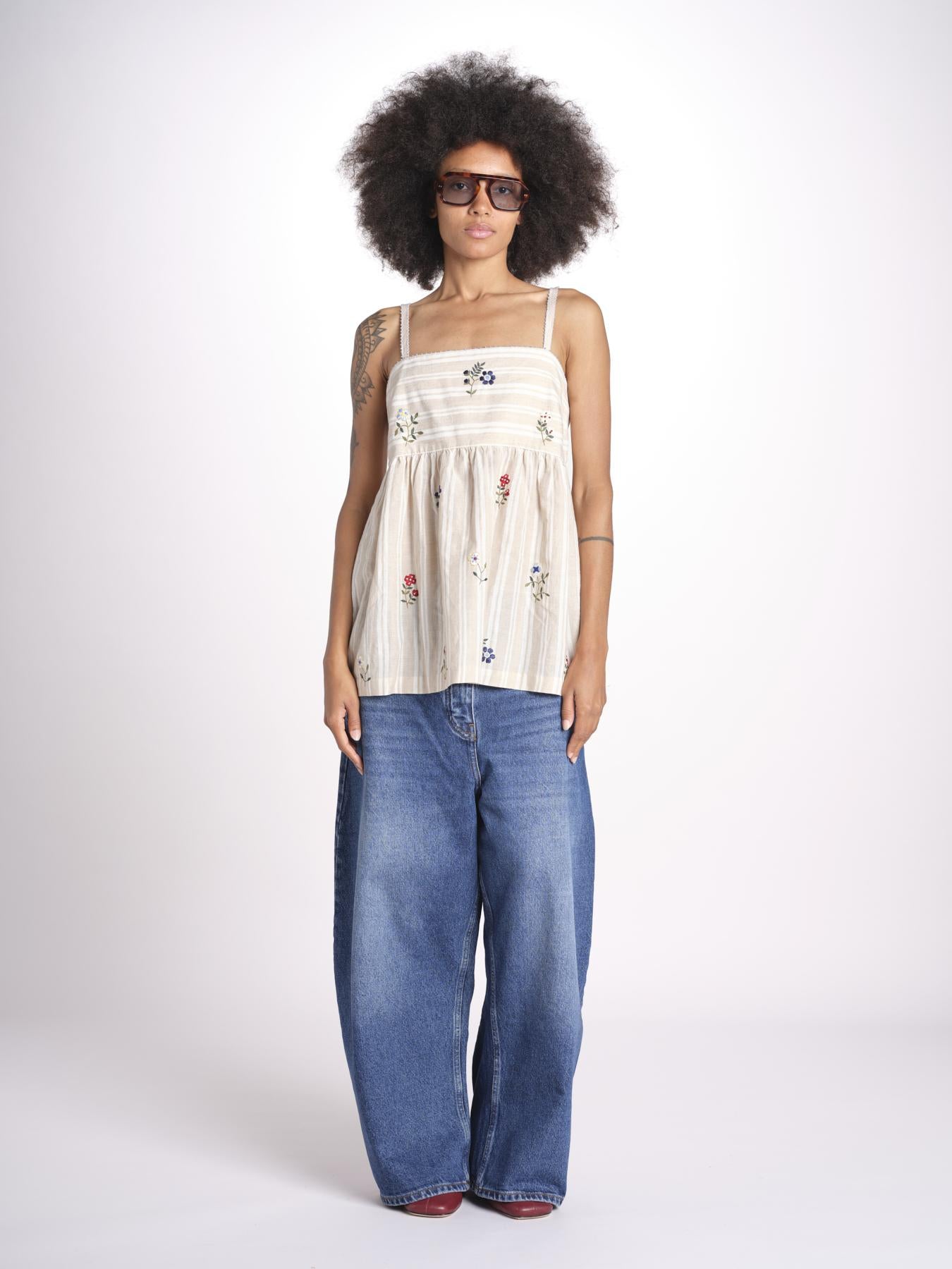 top a righe con fiorellini ricamati 1WS-58S BEIGE.WHITE STRIPES payal pratap 