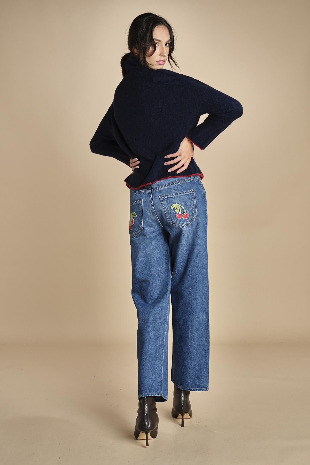 denim chiaro con ciliegie sul retro THE PIPE DREAM BUTTON SNEAK FRAY 11316 1085 mother 