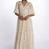 LEILA DOT VNECK abito m/c con paillettes LEILA DOT V-NECK CAPE ANKLE GOWN PARCHMENT needle & tread 