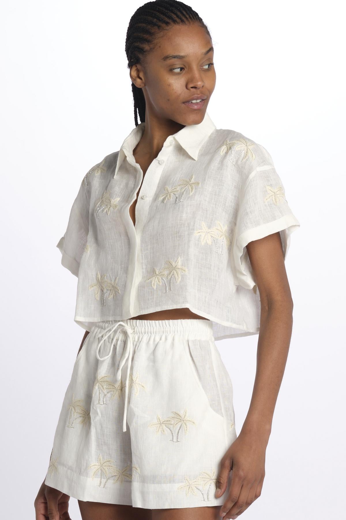 BONDI PALM short con palme in paillettes applicate  by milaura. BE24830 NATURAL benaras soleil 