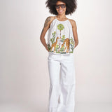 top con spalline ricamo giraffe BE25396 WHITE MULTI benaras soleil 