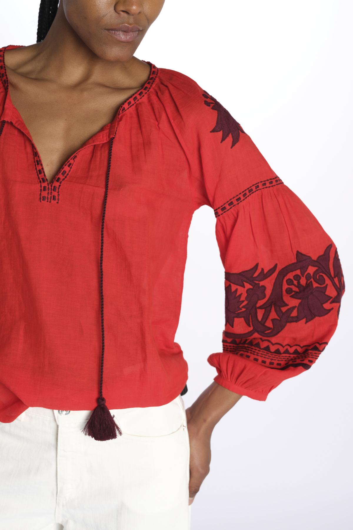 IBIZA camicia con ricami applicati BE24877A FIRE ORANGE BURGUNDY benaras soleil 