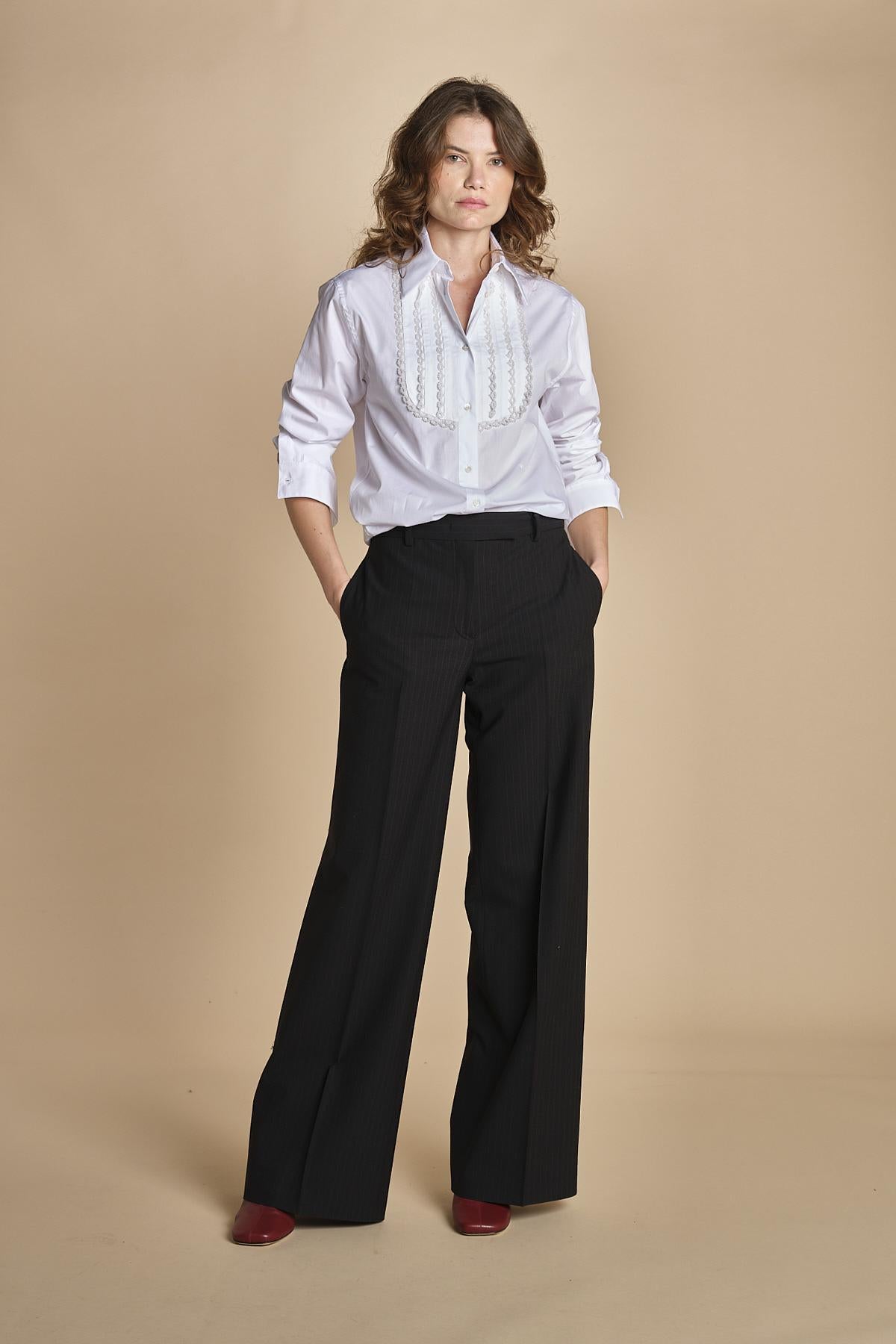 camicia con plastron di perline G023-0187-1101 BIANCO n21 