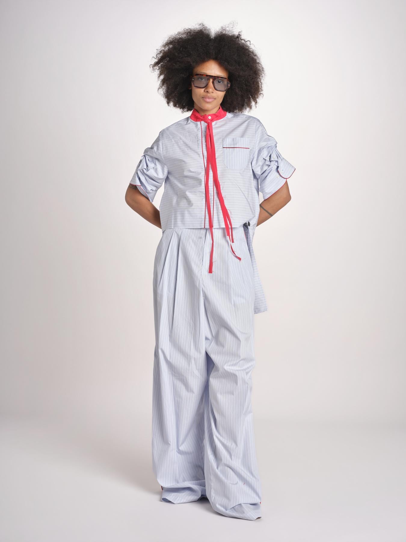 camicia maniche corte a righe con piping BERTA LIGHT BLUE STRIPES jejia 