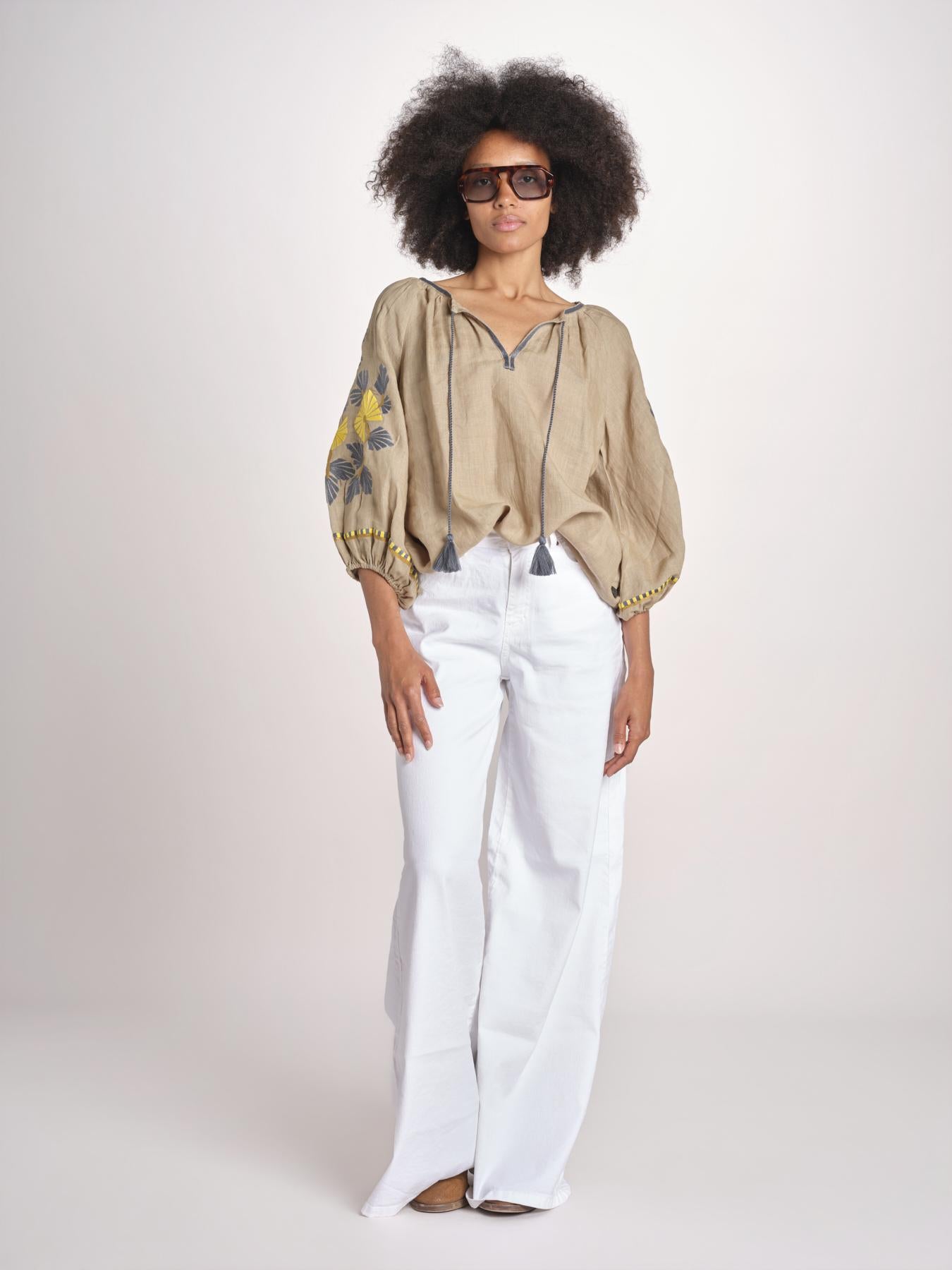 tunica ricamo fiorni BE25308 SAGE GREEN YELLO benaras soleil 
