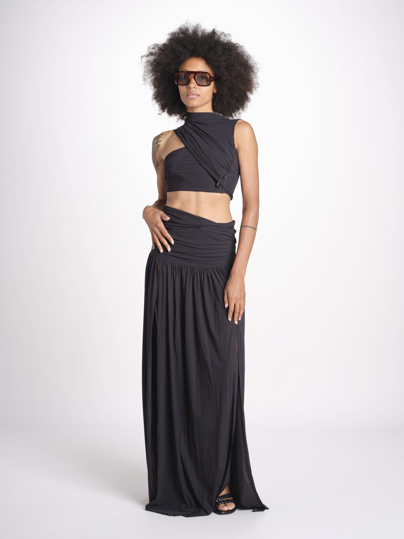 cropped top in jersey con drappeggio asimmetrico ALIN DEEP BLACK amazuìn 