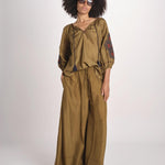 camicia in seta ricamo fiori BE25407 KHAKI BLU benaras soleil 