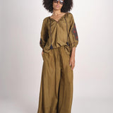 camicia in seta ricamo fiori BE25407 KHAKI BLU benaras soleil 