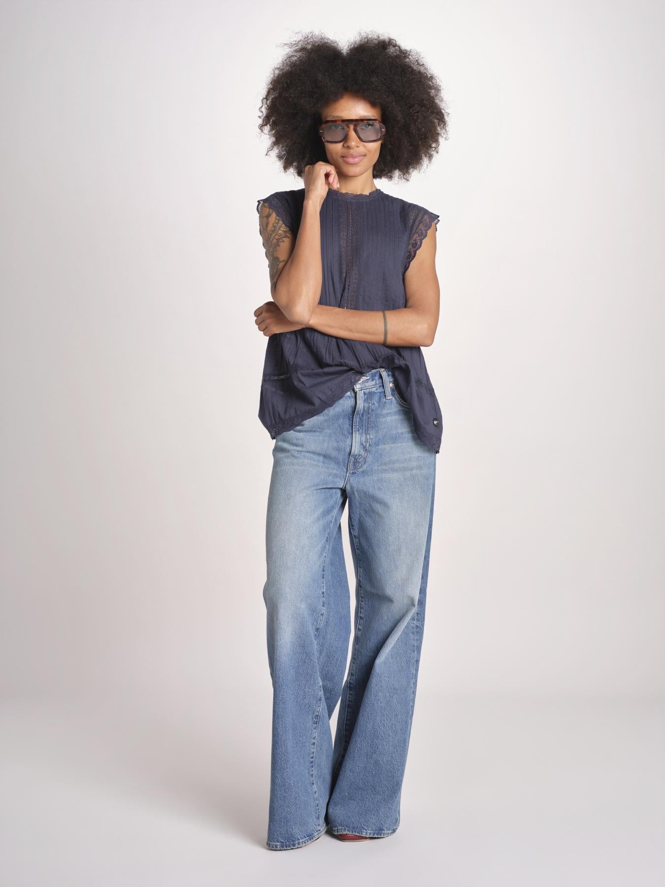 top in voille con pizzo THE SONNET TOP T1473435L NAVY the GREAT 
