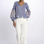 MANDAVILLA  camicia A QUADRI con fiori ricamati sulla manica by milaura. BE24913 BLUE WHITE benaras soleil 