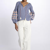 MANDAVILLA  camicia A QUADRI con fiori ricamati sulla manica by milaura. BE24913 BLUE WHITE benaras soleil 